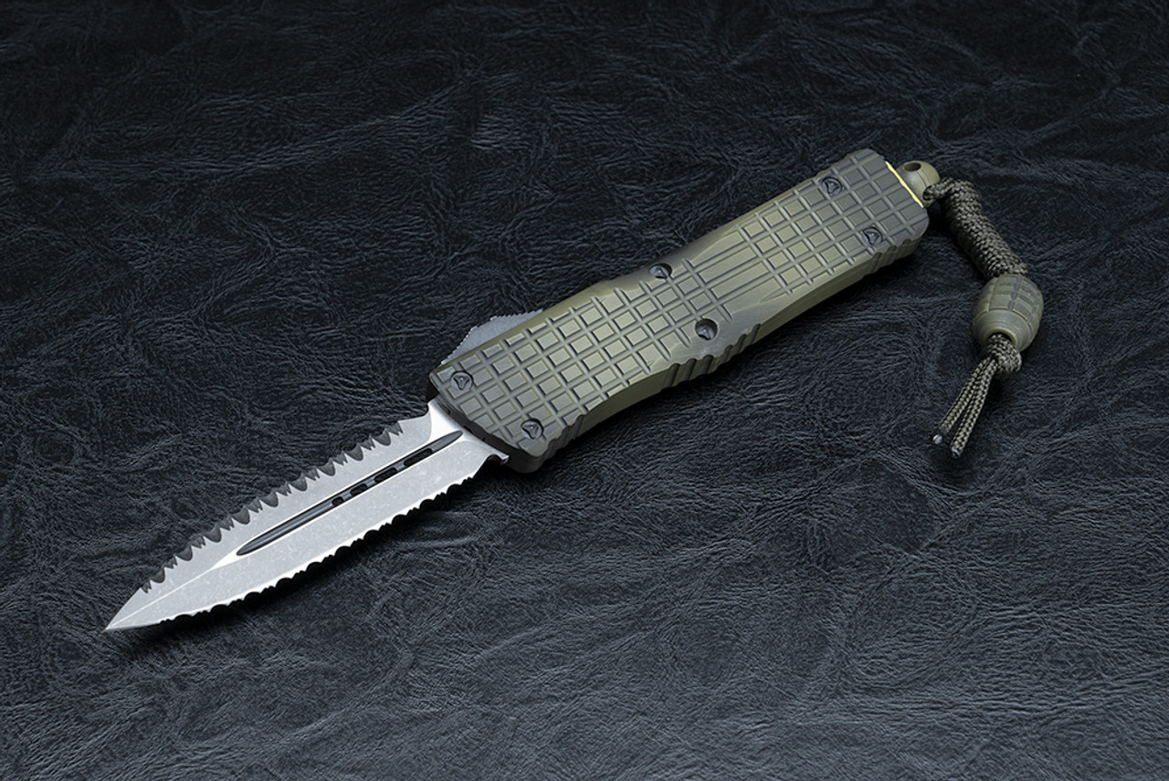 Microtech Knives Combat Troodon D/E OTF Automatic Knife Frag Off Series Double Edge Serrated Apocalyptic Blade w/ Grenade Green Frag Handle  - 142-DR12APFOGG