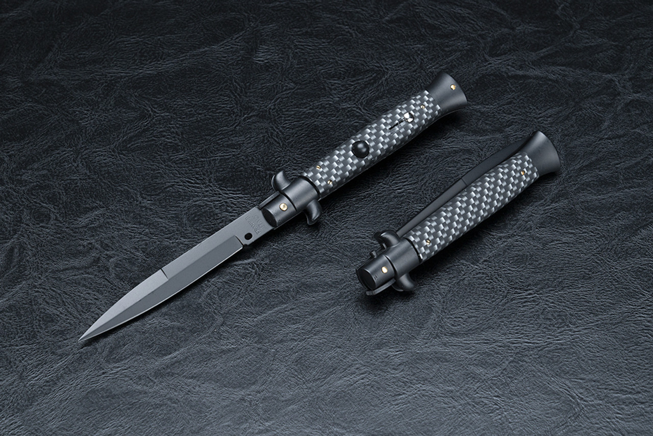 Frank Beltrame Knives 9" Italian Stiletto Automatic Bayonet Knife Carbon Fiber Black Teflon Blade
