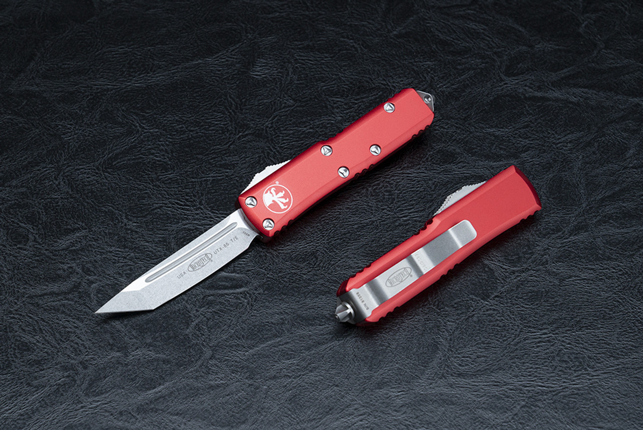Microtech Knives UTX-85 T/E OTF Automatic Knife Stonewashed Blade w/ Red Handle - 233-10RD