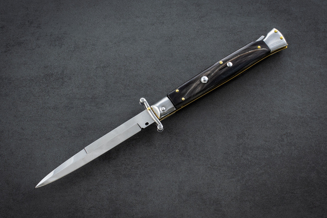 Frank Beltrame Knives 11" Italian Stiletto Swinguard Automatic Bayonet Knife Polished Blade w/ Buffalo Horn Handle