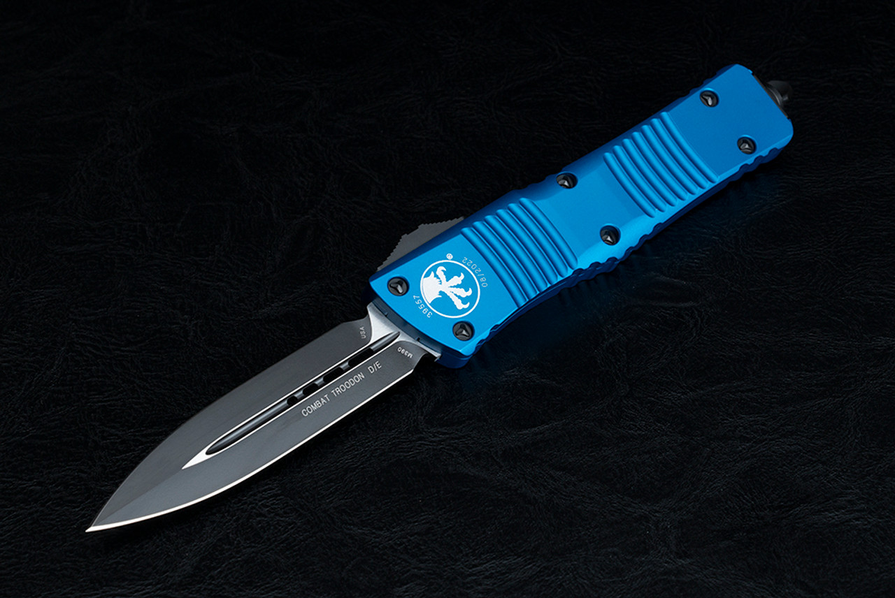 Microtech Knives Combat Troodon D/E OTF Automatic Knife Black Blade w/ Blue Handle  - 142-1BL