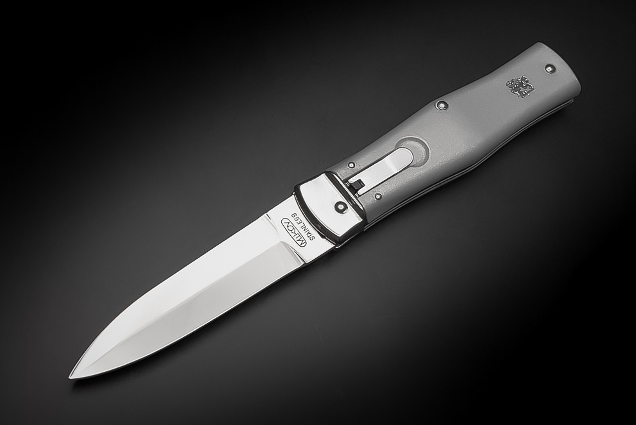 Mikov Knives Predator 241 Lever Lock Automatic Knife Polished Dagger Blade w/ Gray ABS Handles  And Leather Sheath