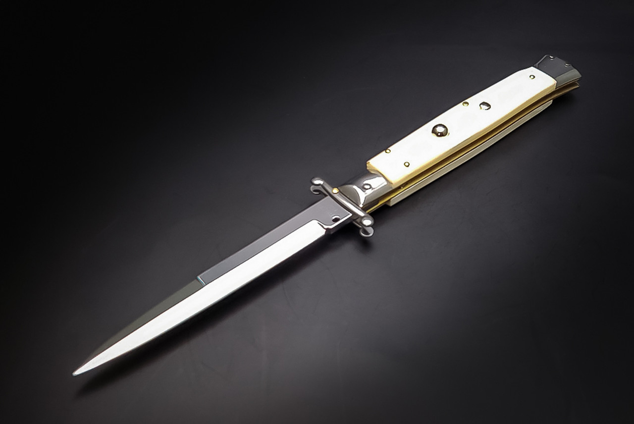 Frank Beltrame Knives 11" Italian Stiletto Swinguard Automatic Bayonet Knife Imitation Ivory Polished Blade - BLEMISHED