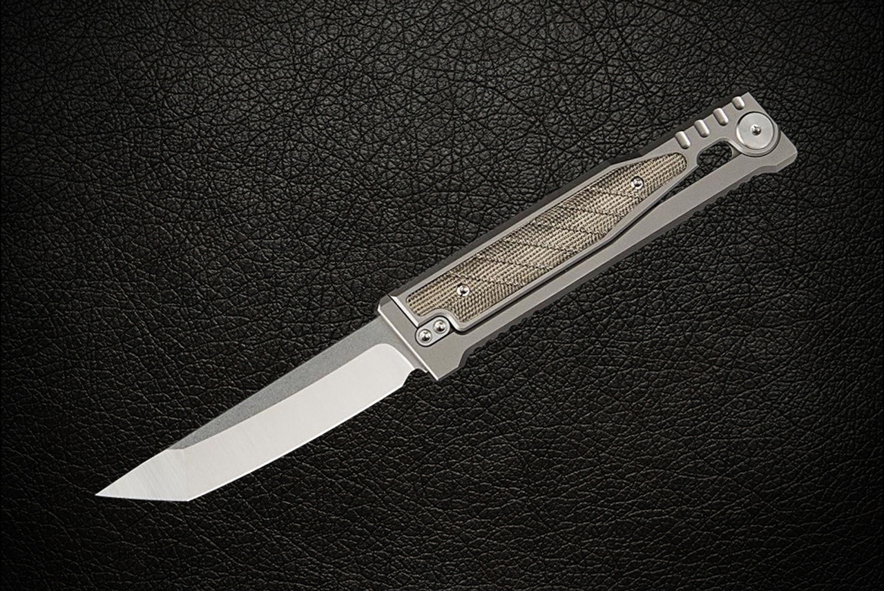 Reate Knives EXO Exoskeleton Design Manual OTF Knife Tanto Satin Blade w/ Titanium and Green Micarta Handles