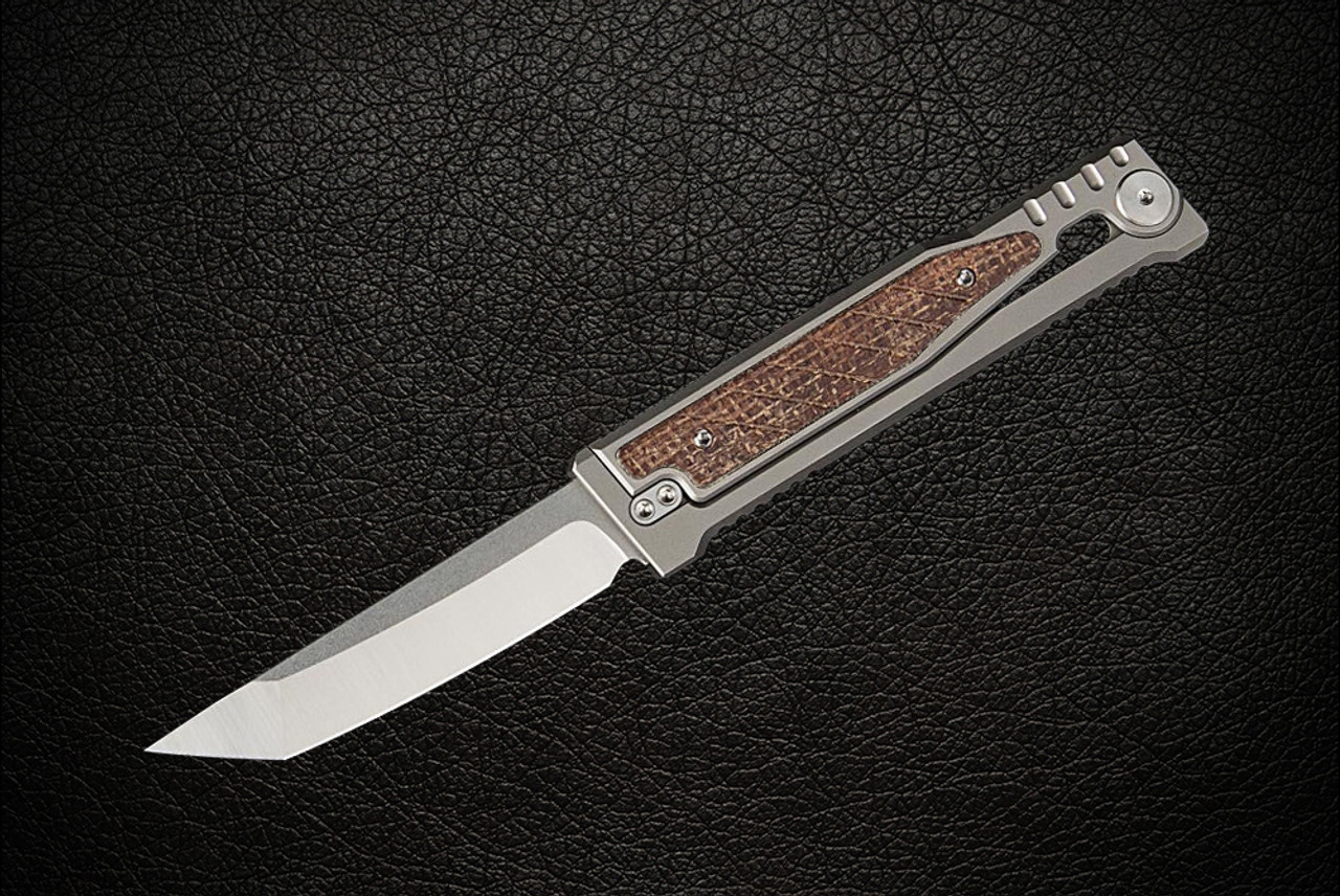 Reate Knives EXO Exoskeleton Design Manual OTF Knife Tanto Satin Blade w/ Titanium and Burlap Micarta Handles
