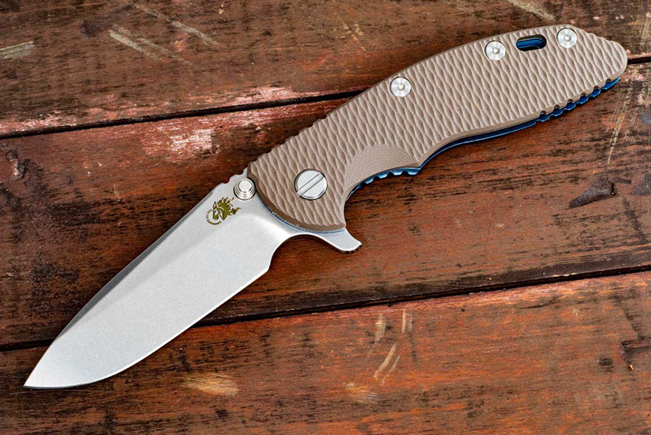 Rick Hinderer Knives XM-18 3.5" Spearpoint S45VN Stonewash Blade w/ Blue Frame Lock and FDE G10 Handle