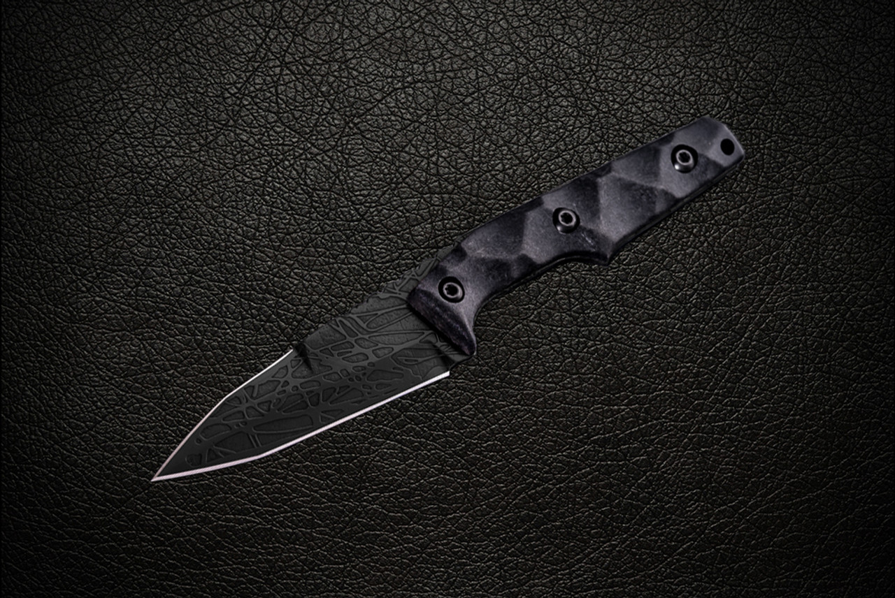 Bawidamann Blades Custom Thick Huginn Top Edge Acid Etched Gotham Graphite Blade w/ Sheath and Discreet Carry Concepts Clip