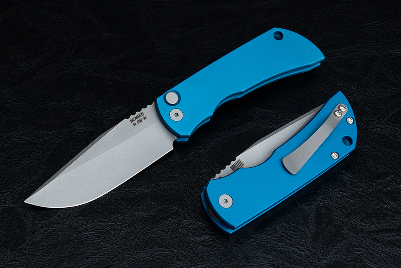 McNees Custom Knives PM MAC 2 3.25" AutoMac Knife Magancut Stonewash Drop Point Blade w/ Blue Aluminum Handles