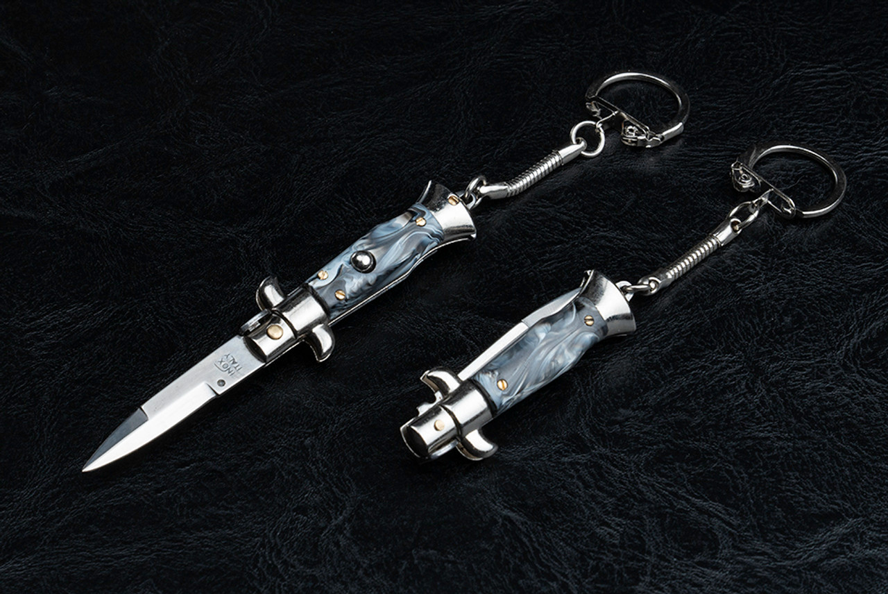 SKM  4" Keychain Italian Stiletto Automatic Bayonet Knife Satin Blade w/ Gray Marble Handles