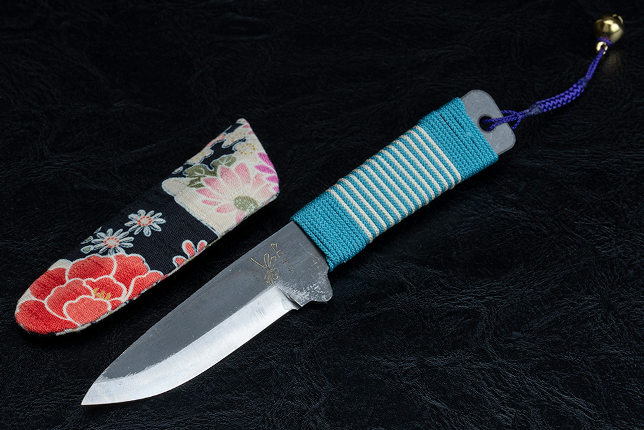 Nagao Higonokami Kogatana Bannou Drop Point Black Blade Turquoise/White Handle Wrap w/ Sheath