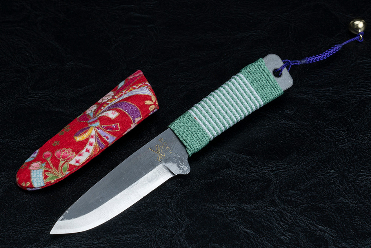 Nagao Higonokami Kogatana Bannou Drop Point Black Blade Fade Green/White Handle Wrap w/ Sheath