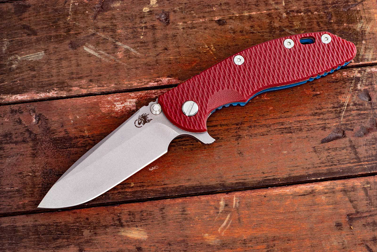 Rick Hinderer Knives XM-18 3.5" Spearpoint S45VN Working Finish Blade w/ Battle Blue Frame Lock and Red G10 Handle