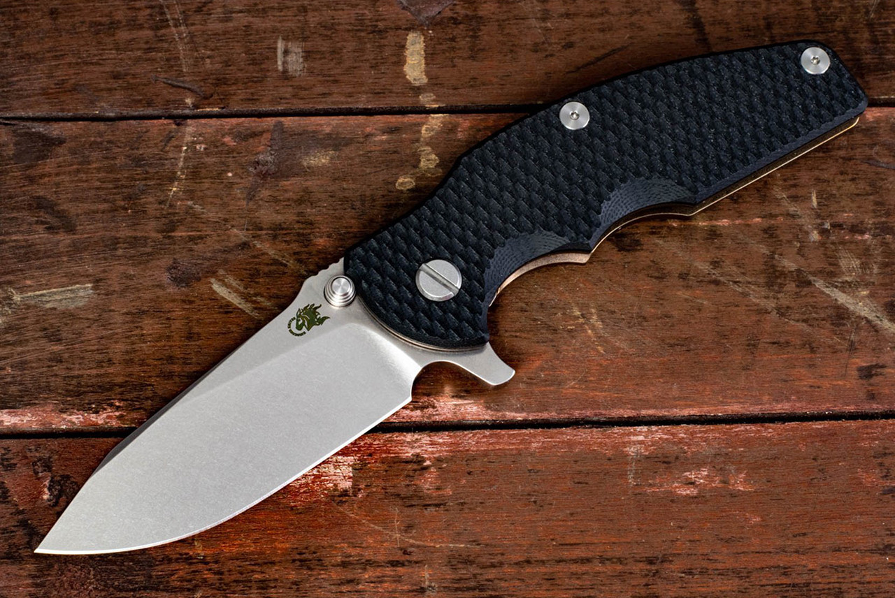 Rick Hinderer Knives Jurassic Slicer Magnacut Stonewash Blade w/ Stonewashed Bronze Frame Lock and Black G10 Handle