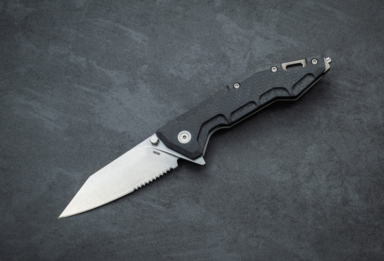 Raidops Centauro N690 Partially Serrated Stonewashed Blade w/ Carbon Fiber/Titanium Handle (Discontinued)