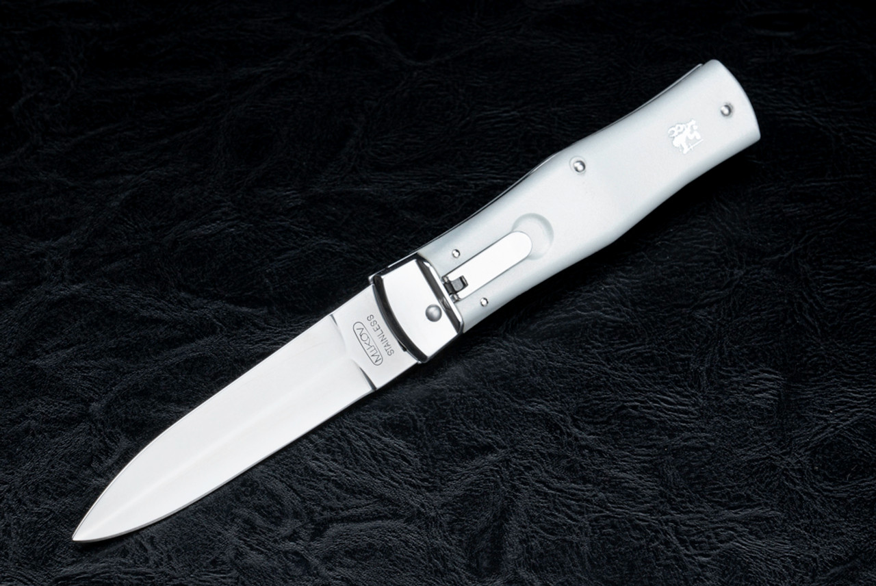Mikov Knives Predator 241 Lever Lock Automatic Knife Polished Dagger Blade w/ Silver ABS Handles And Pocket Clip