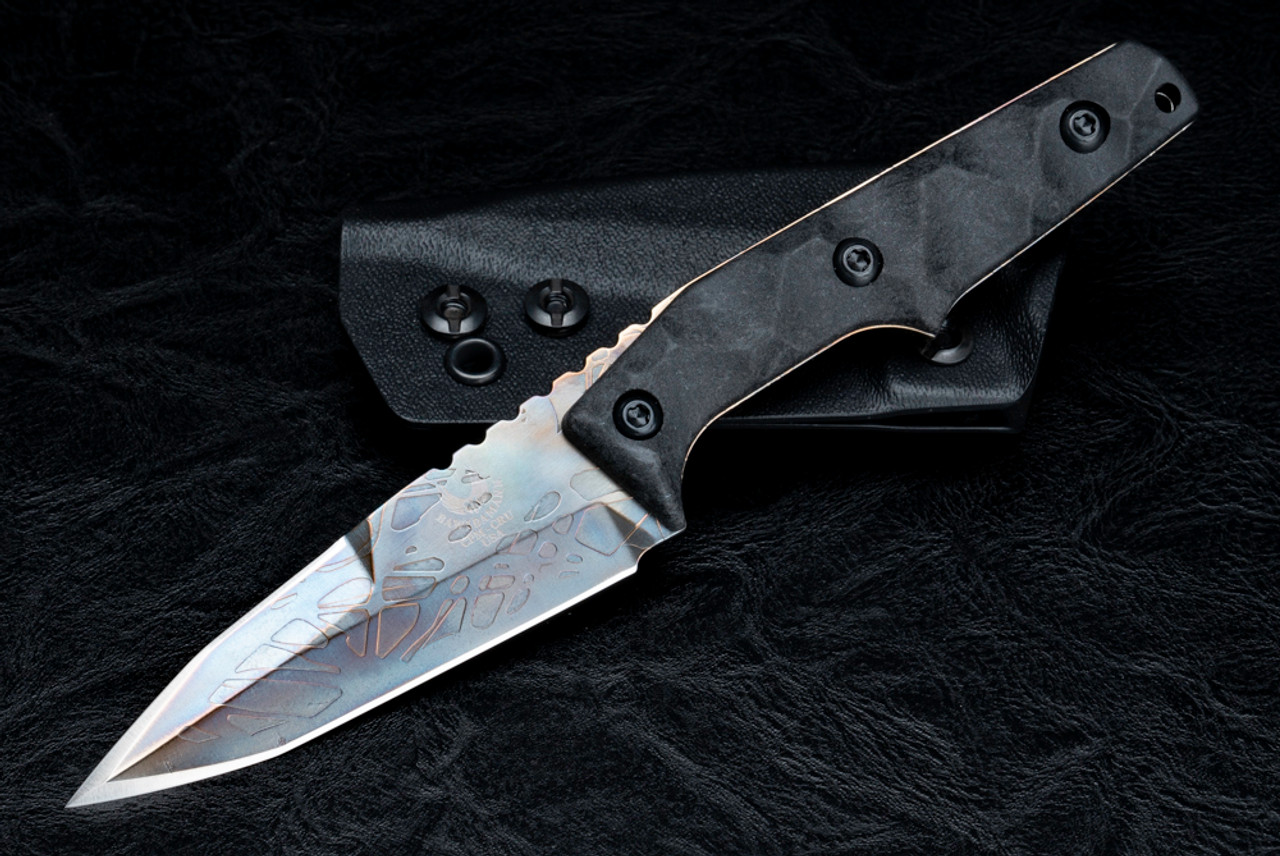 Bawidamann Blades Custom Thick Huginn Top Edge Acid Etched Bronze/Blue Patina Blade w/ Sheath and Discreet Carry Concepts Clip