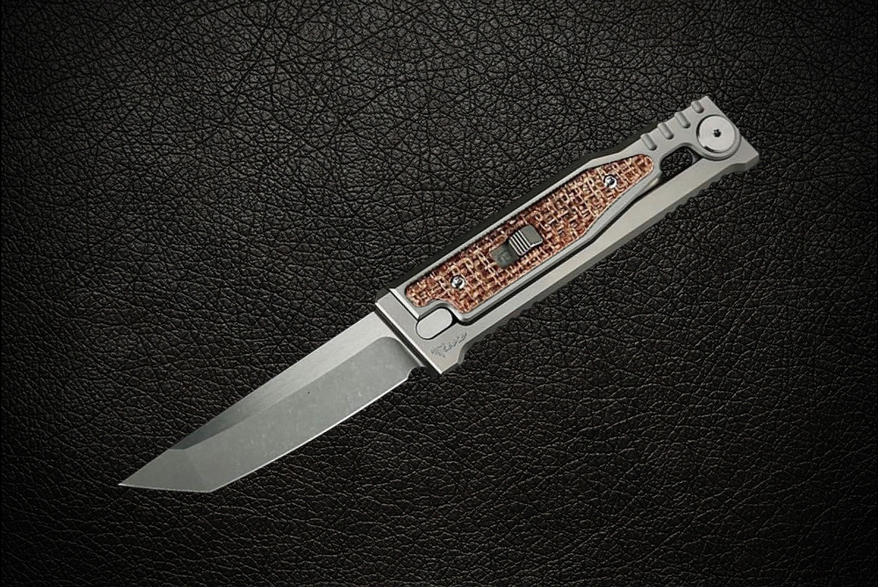 Reate Knives EXO-M Exoskeleton Design Manual OTF Knife Tanto Stonewash Blade w/ Titanium and Burlap Micarta Handles