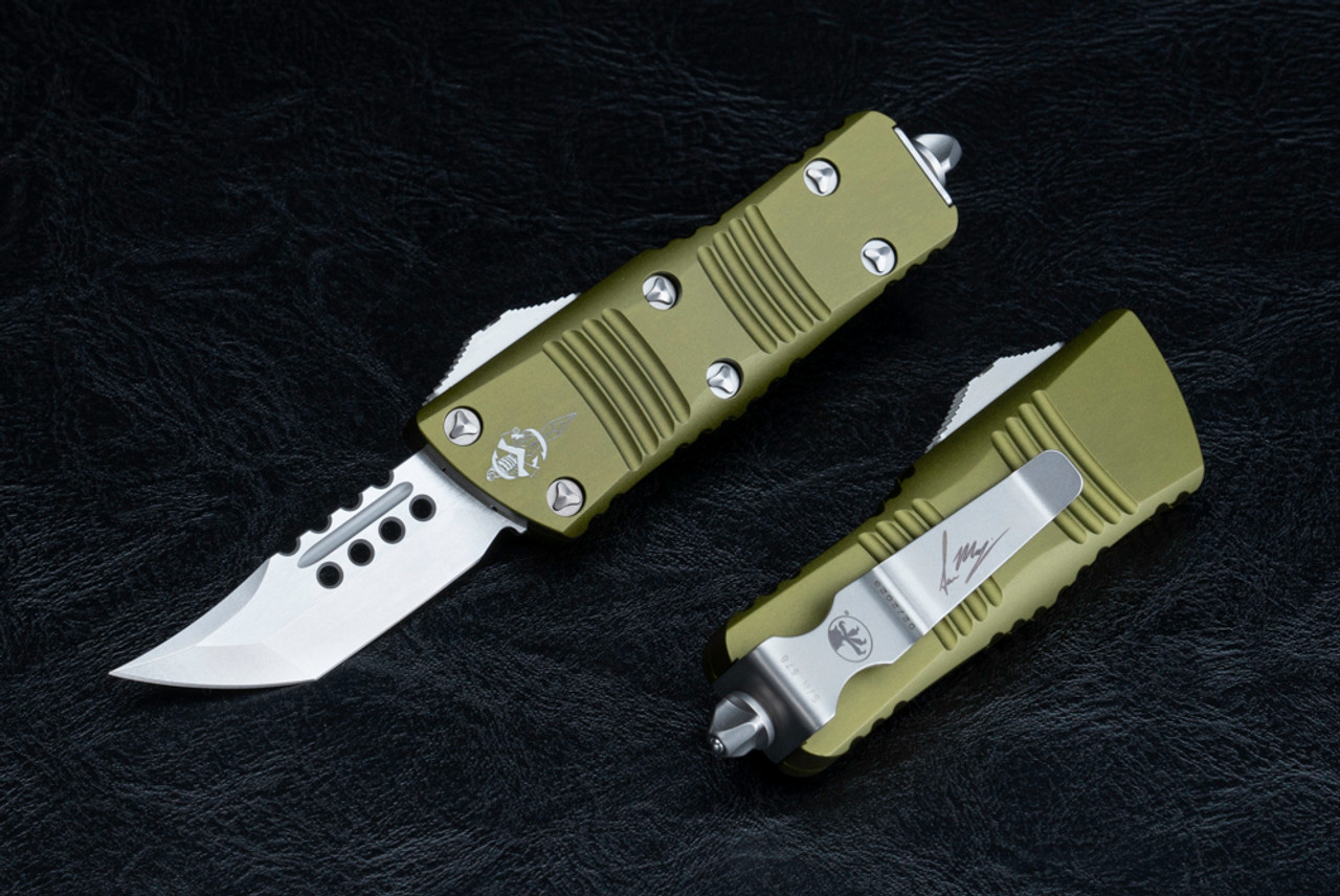 Microtech Knives Troodon Mini Signature Series Hellhound OTF Automatic Knife Stonewash Blade w/ OD Green Handle  - 819-10ODS