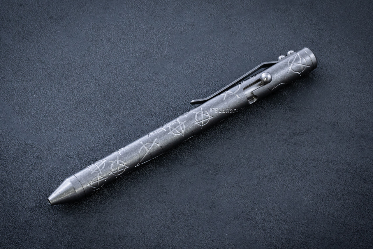 Fellhoelter Knives TiBolt Full Size 2-Tone Stonewashed Titanium Pen w/ Anarchy Engravings