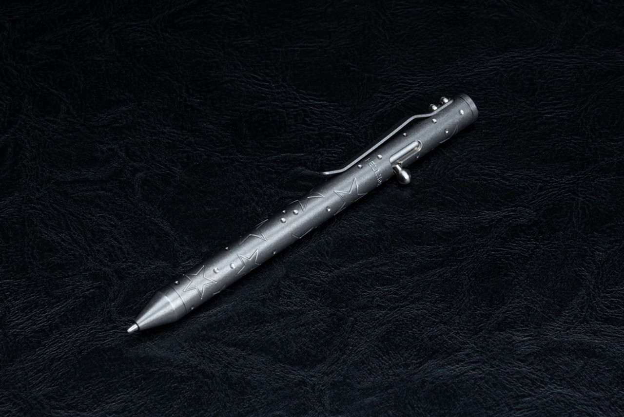 Fellhoelter Knives TiBolt Full Size Stonewashed Titanium Pen w/ Stars Engravings