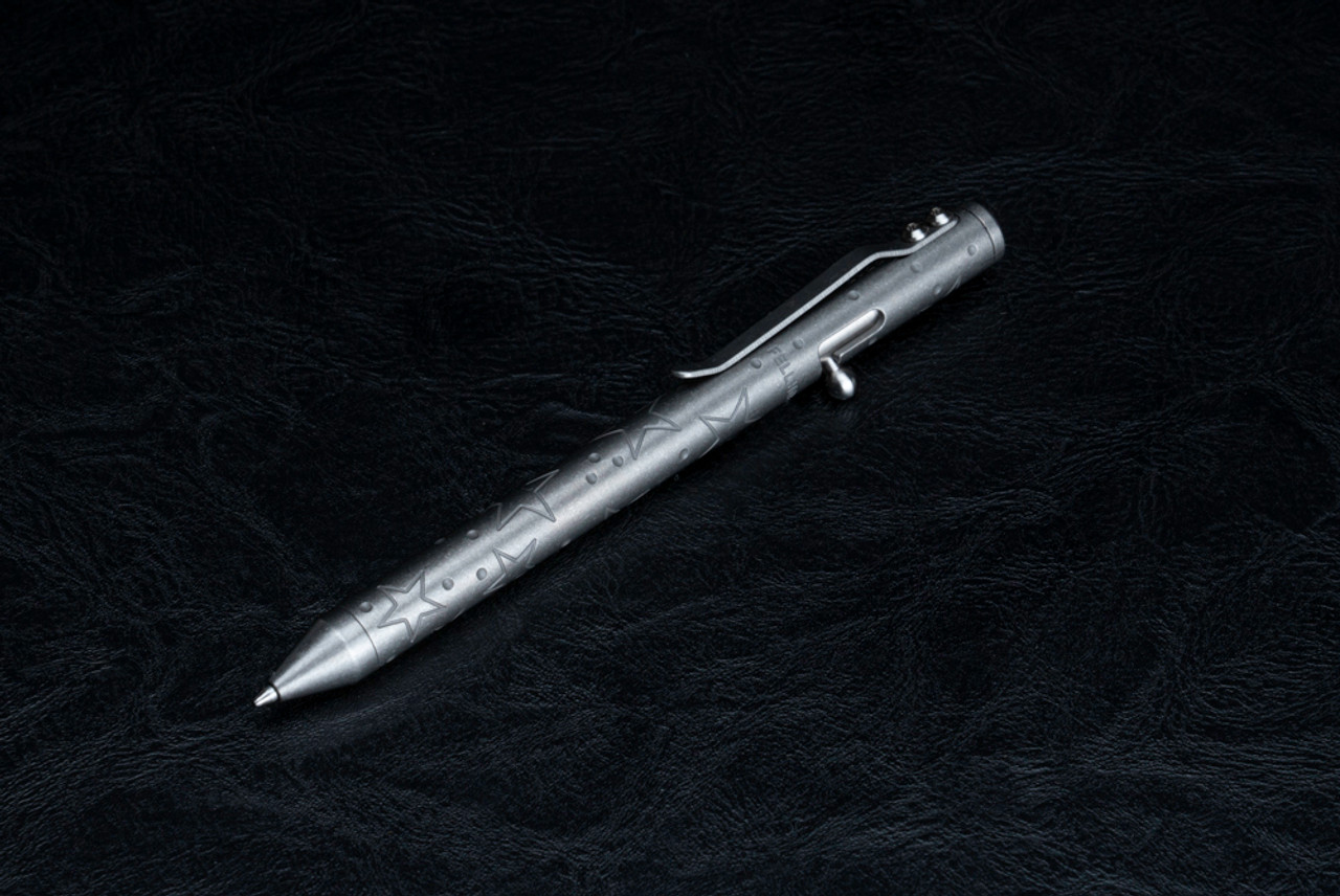 Fellhoelter Knives TiBolt Full Size 2-Tone Stonewashed Titanium Pen w/ Stars Engravings