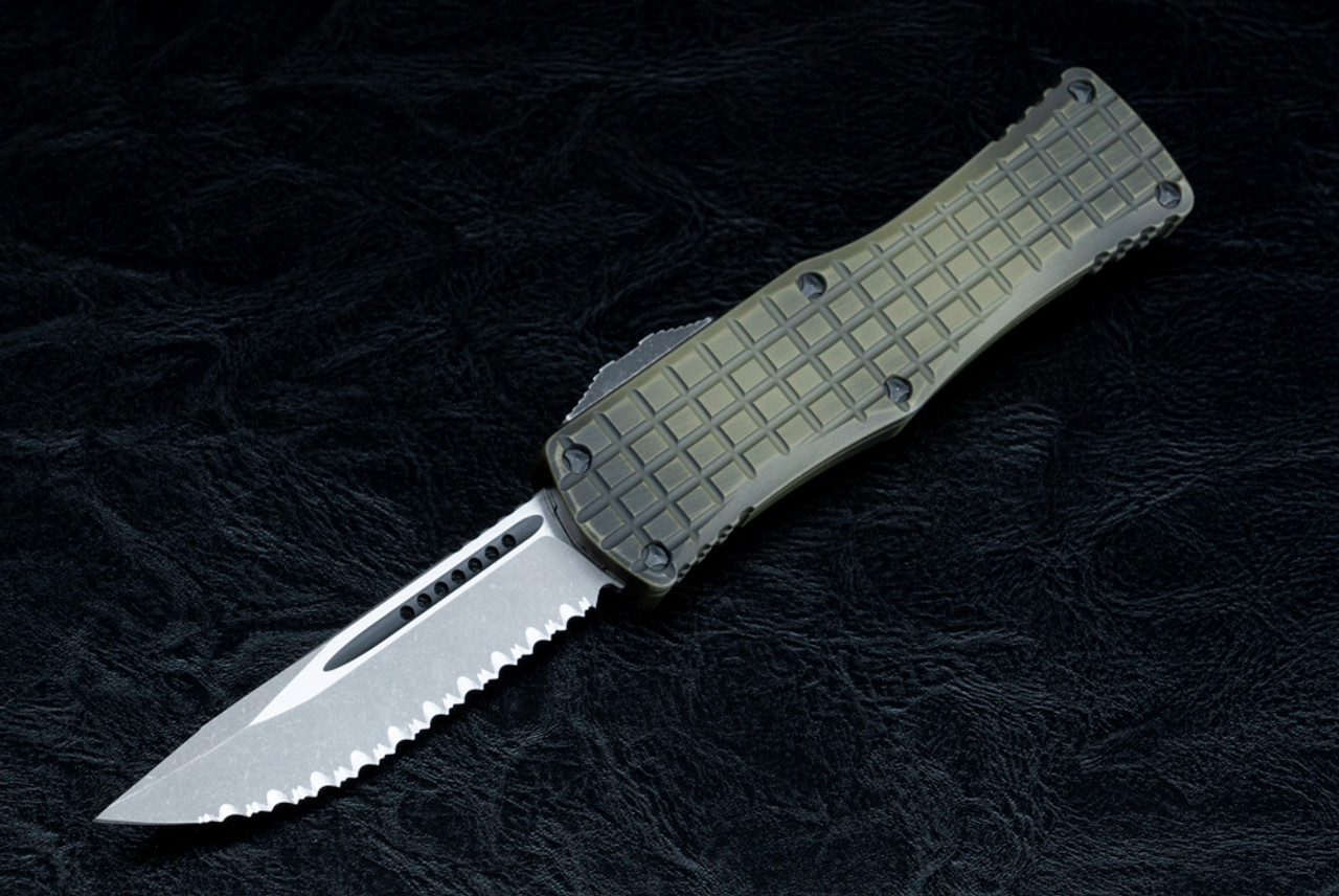 Microtech Knives Signature Series Hera S/E OTF Automatic Knife Apocalyptic Fully Serrated Blade w/ Grenade Green Frag Handle - 703-12APFRGS