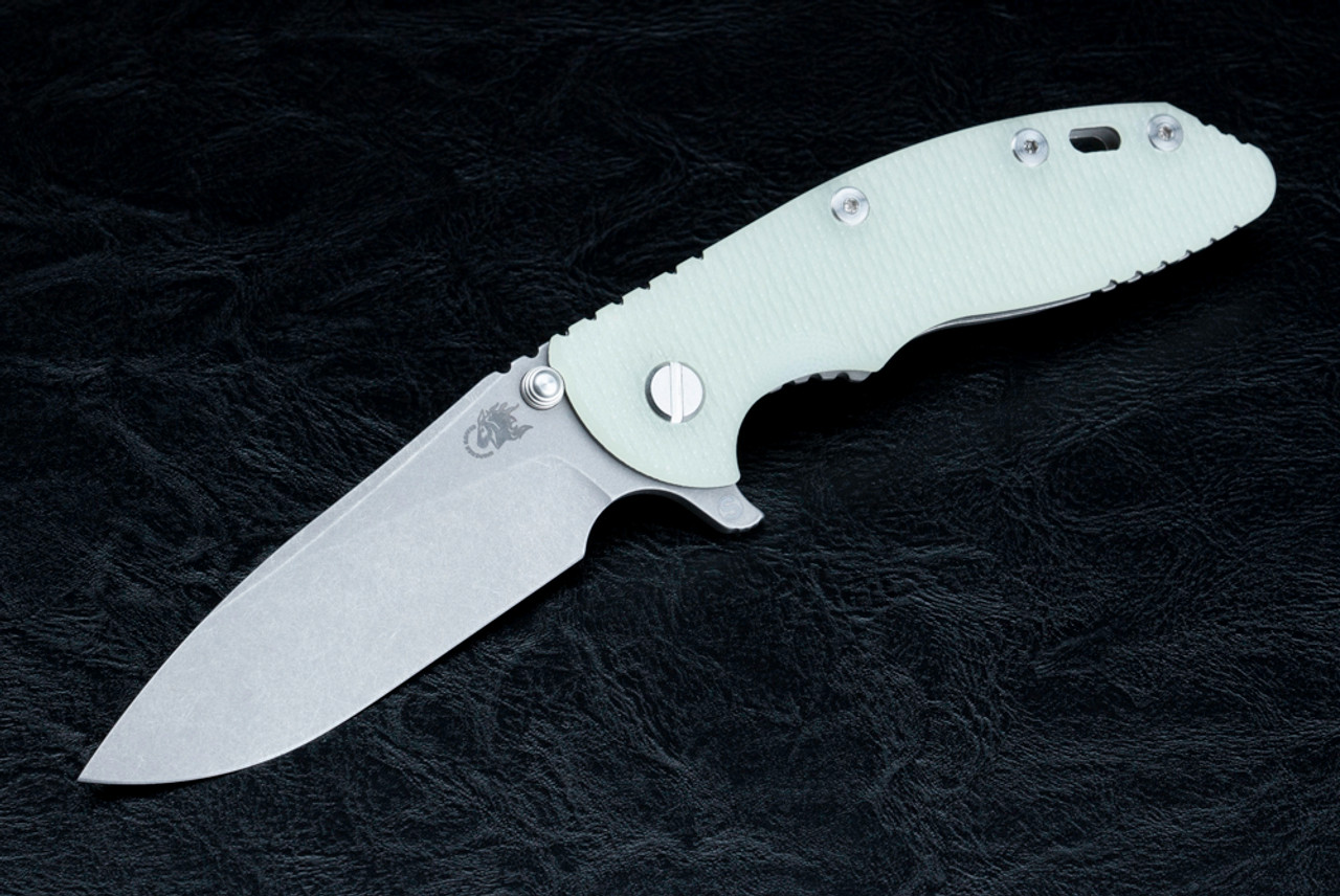Rick Hinderer Knives XM-18 3.5" Skinny Slicer MagnaCut Working Finish Blade w/ Frame Lock and Translucent Green G10 Handle
