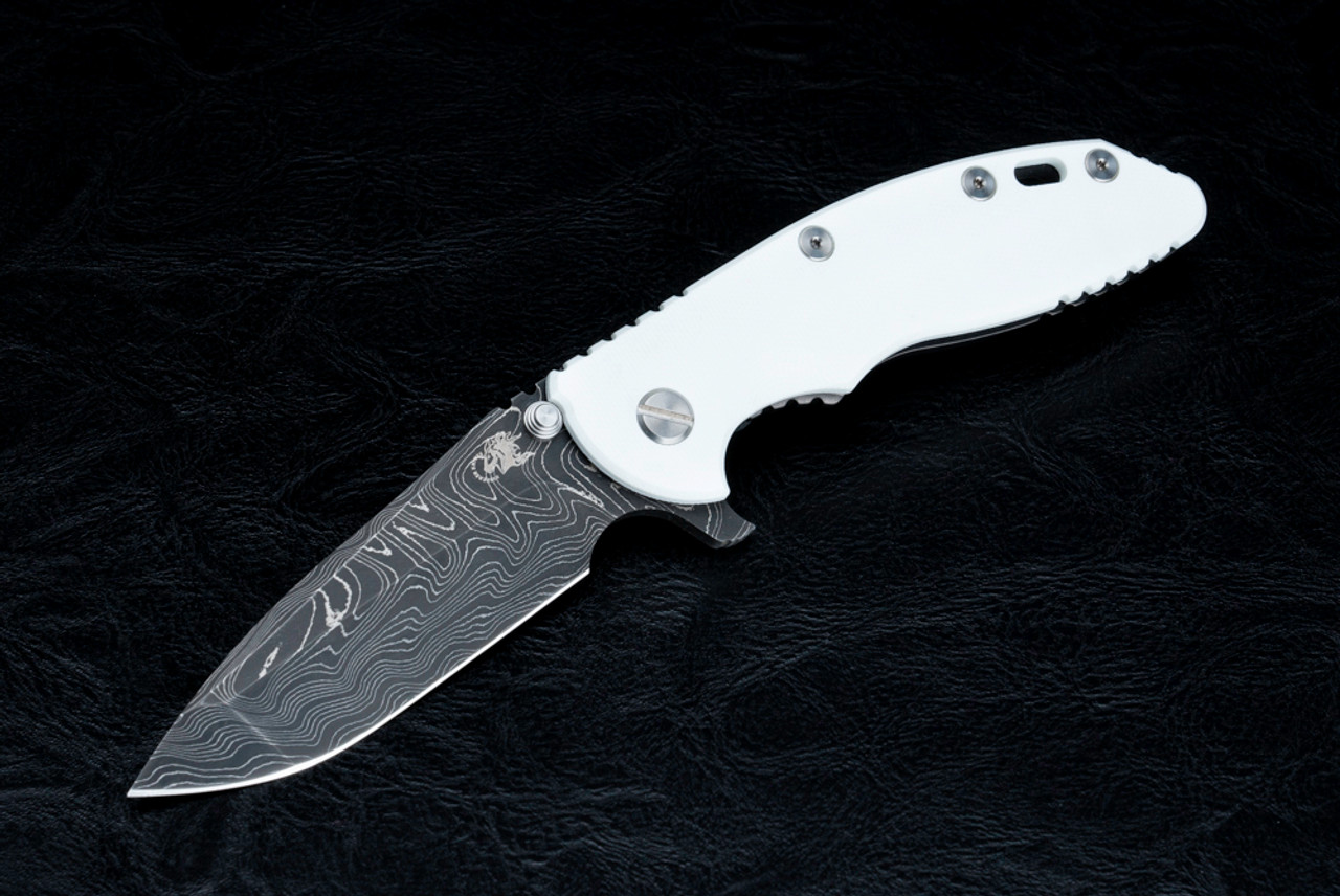 Rick Hinderer Knives XM-18 3.5" Spanto Boomerang Damascus Blade w/ Stonewash DLC Frame Lock and Smooth White G10 Handle