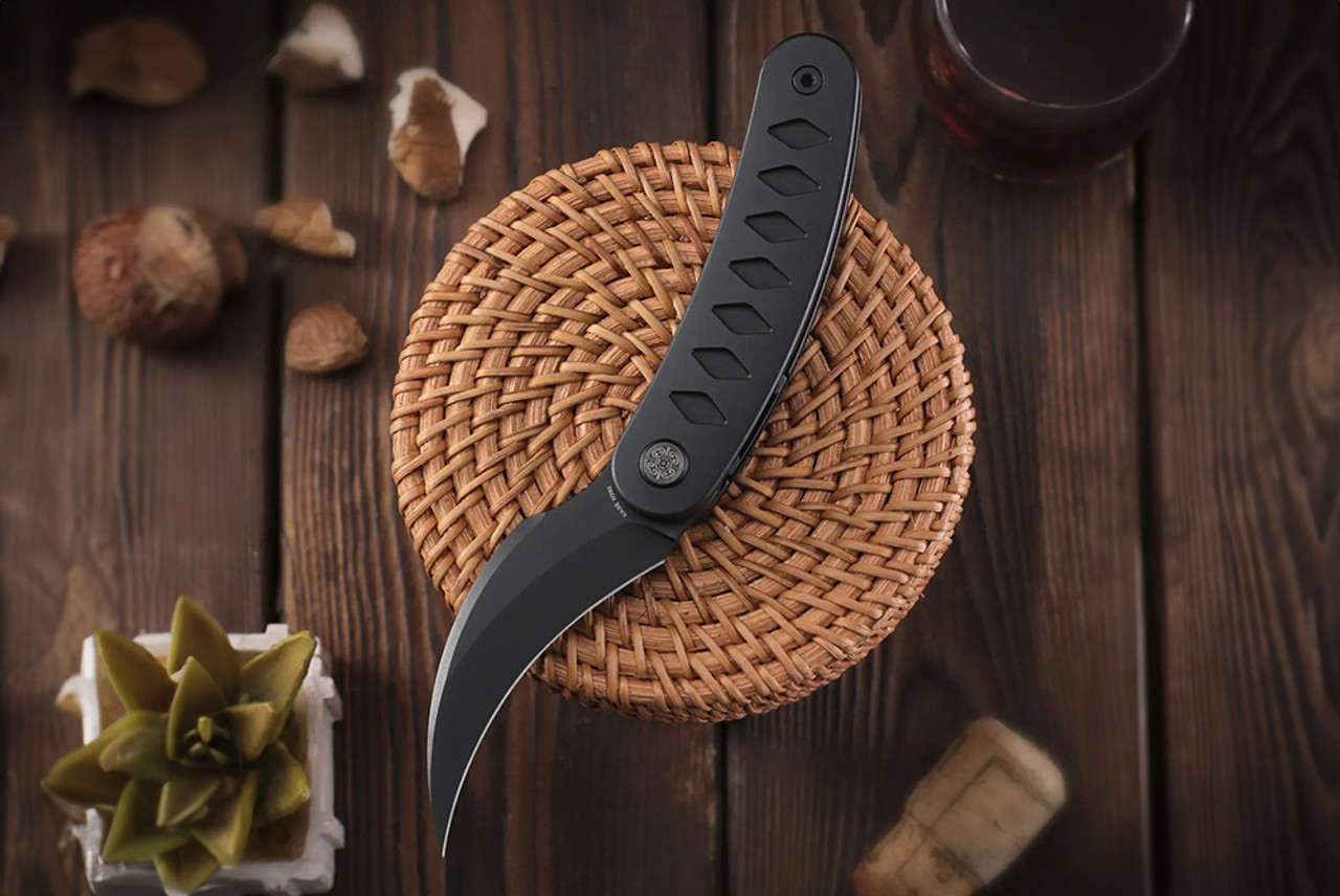 Cavol Knives Kage Front Flipper Knife M390 Black Blade w/ Black Titanium Handle And Leather Pouch - C03DDW