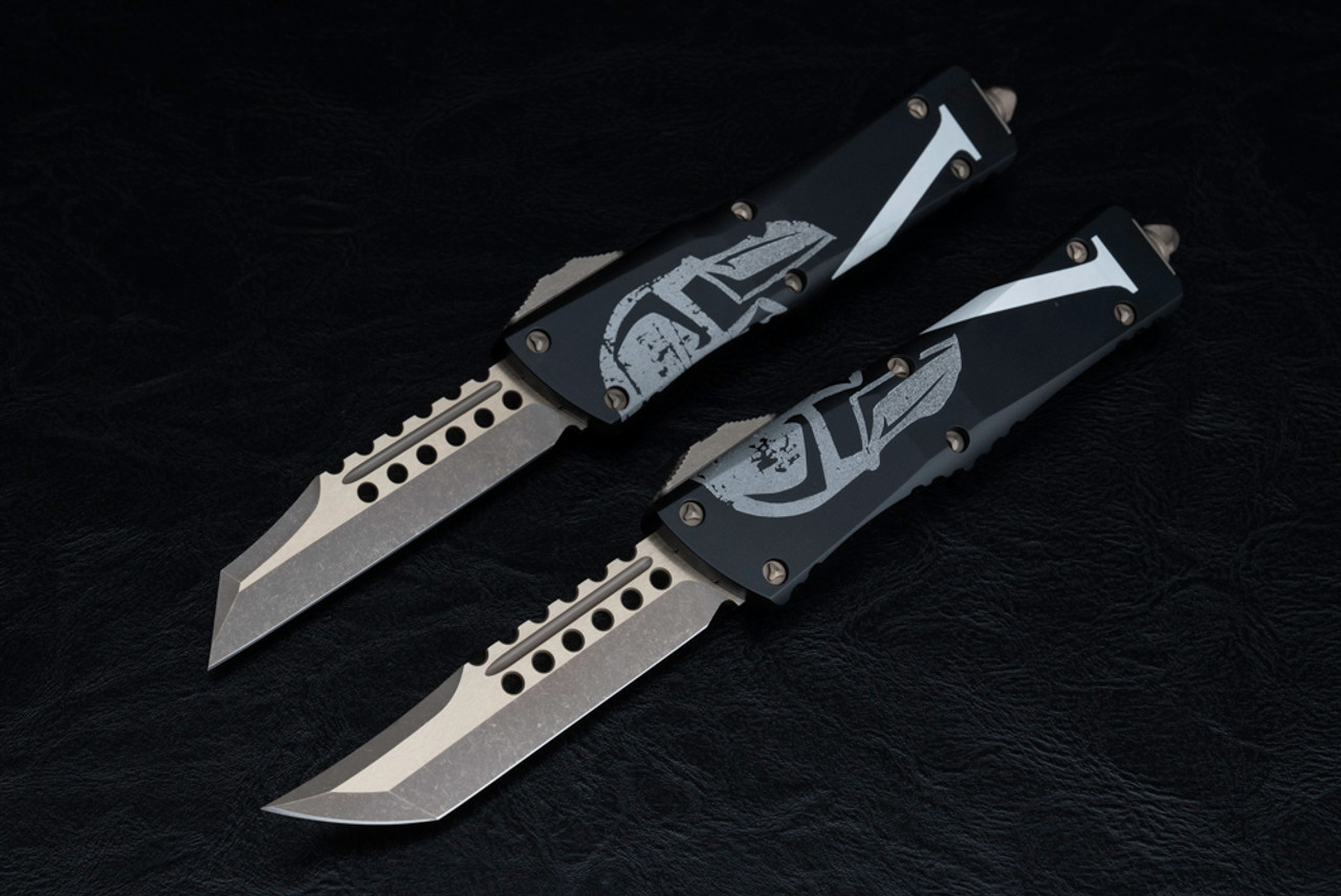 Microtech Knives Combat Troodon Hellhound & Warhound Combo Set OTF Automatic Knife Bronze Appocalyptic Blade w/ Black Handle Molon Labe Engraved - 219-13SETMLS