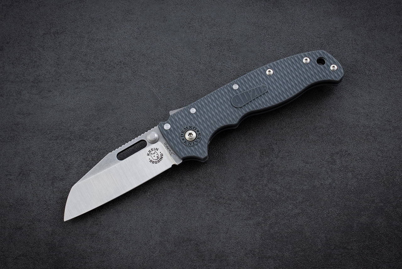 Demko Knives AD20.5 Tom Krein Regrind Shark Foot AUS10A Stonewashed Blade Shark Lock w/ Gray Textured Grivory Handles