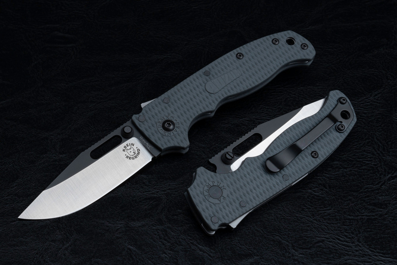 Demko Knives AD20.5 Tom Krein Regrind Clip Point D2 Black DLC Blade Shark Lock w/ Gray Textured Grivory Handles