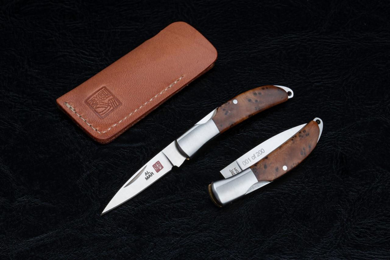 Al Mar Knives Osprey Classic Folding Gentlemen's Knife Satin Blade w/ Briar Wood  Handle and Leather Pouch -  1001BR