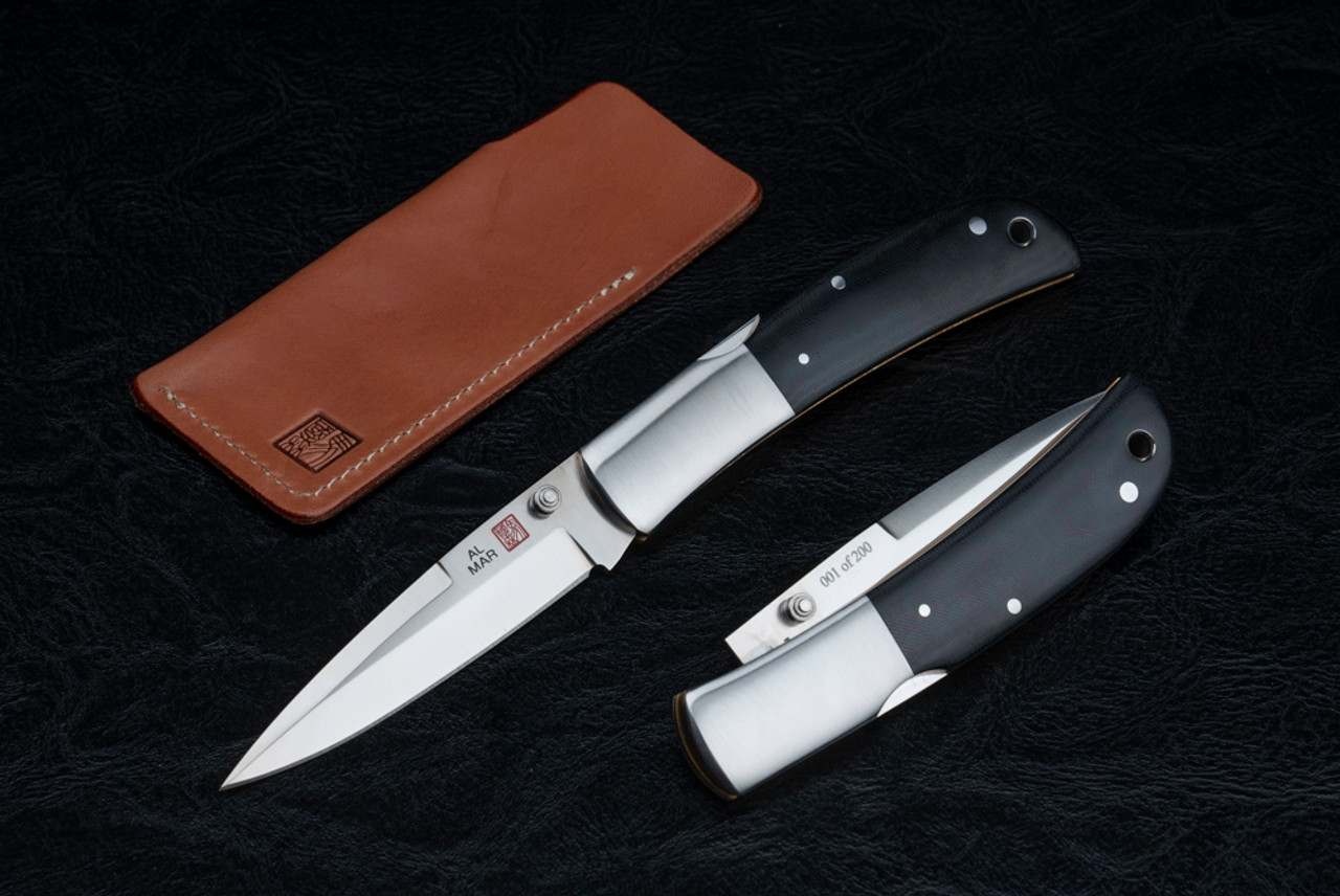 Al Mar Knives Falcon Classic Folding Knife Satin Blade w/ Black Linen Micarta Handle and Leather Pouch -  1003BMT