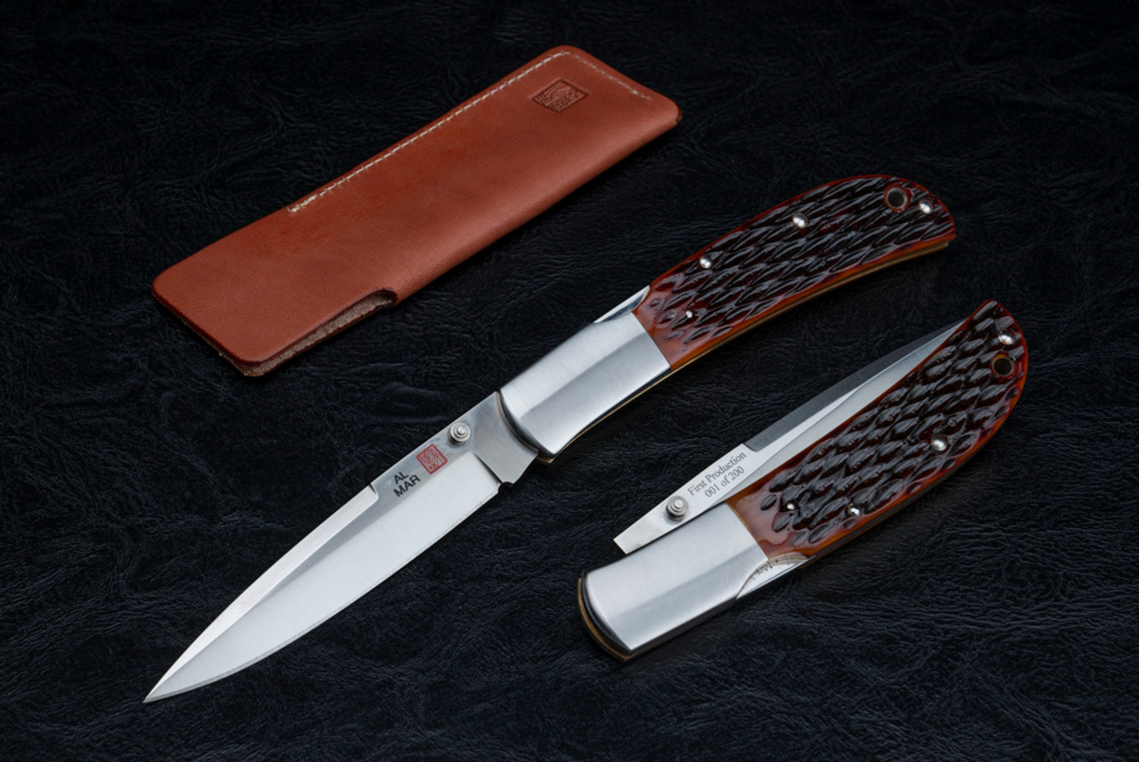  Al Mar Knives Eagle Classic First Production Folding Knife Satin Talon Blade w/ Honey Jig Bone Handle and Leather Pouch -  1005HJBT
