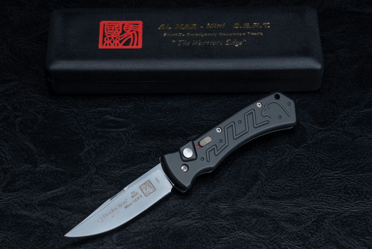 Al Mar Knives Mini S.E.R.T. First Production Button Release Automatic Knife Polished Black DLC Blade w/ Black Aluminum Handles