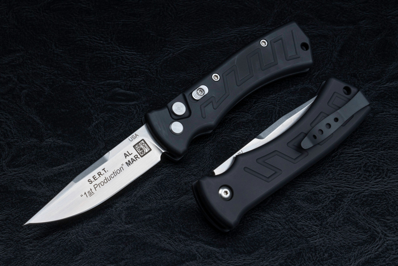 Al Mar Knives S.E.R.T. First Production Button Release Automatic Knife Stonewash Blade w/ Black Aluminum Handles