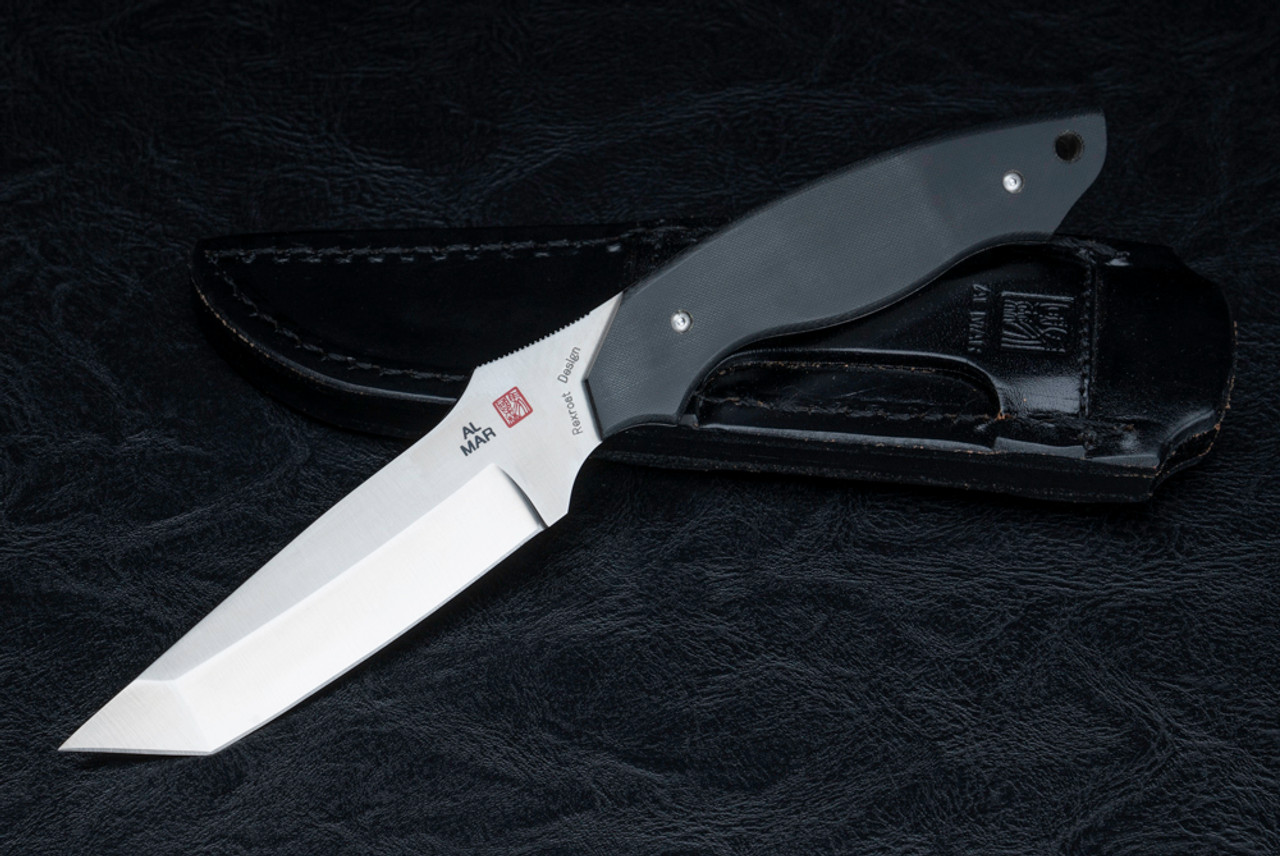 Al Mar Knives Backup Model 1 Tanto Fixed Blade Knife Satin Blade w/ Black Linen Black Micarta Handles and Leather Sheath - BU1-2