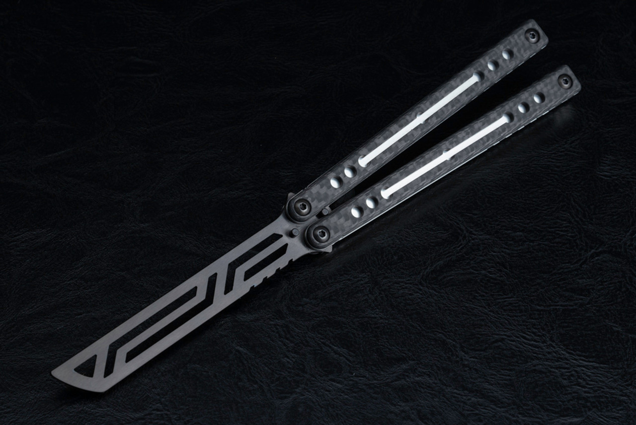 Squid Industries Nautilus V2 Inked Butterfly Balisong Black DLC Trainer w/ Carbon Fiber Handle