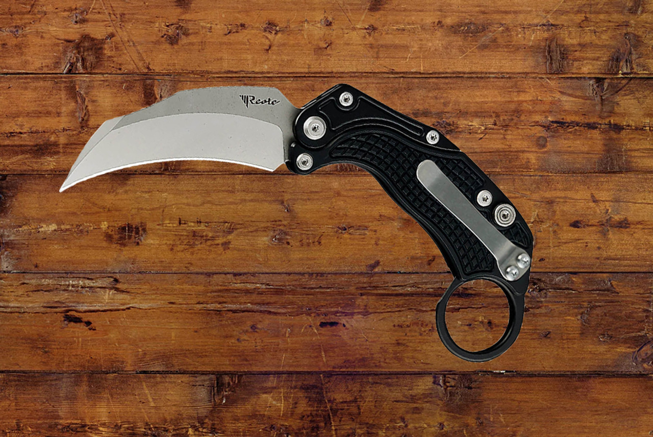 Reate Knives EXO-K Gravity Karambit Button Lock Knife Stonewash Blade w/ Black Aluminum Handle and Trainer 