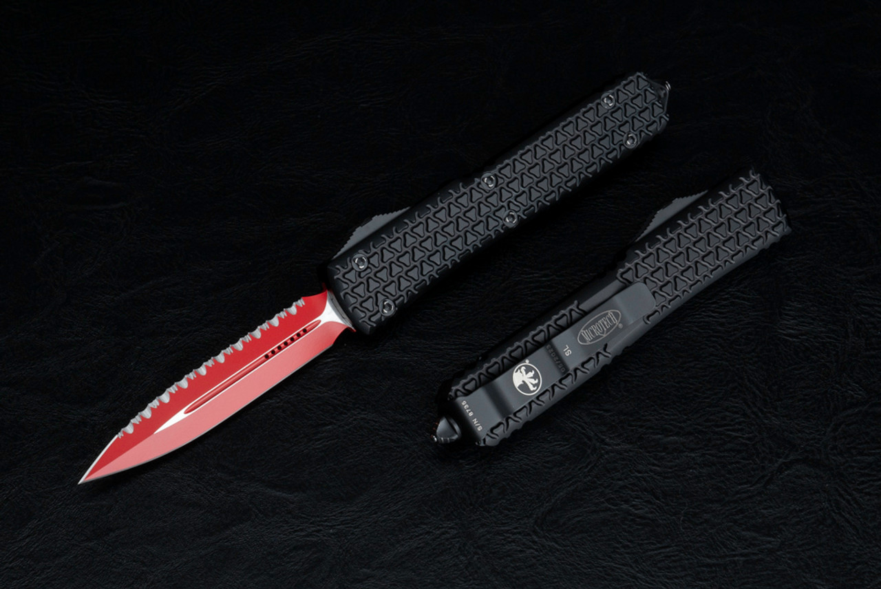 Microtech Knives Ultratech D/E Sith Lord OTF Automatic Knife Red Blade One Side Serrated and Black Handle - 122-3SL
