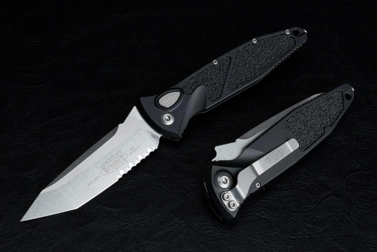 Microtech Knives Socom Elite T/E Automatic Knife Partially Serrated Stonewash Blade w/ Black Handle - 161A-11