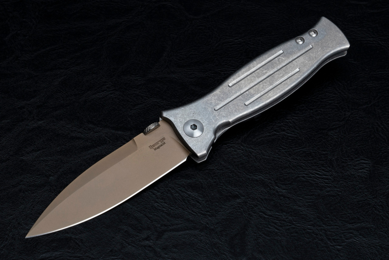 Les George Knives MK3 Folding Knife Magnacut FDE DLC Blade w/ Stonewash Titanium Handle