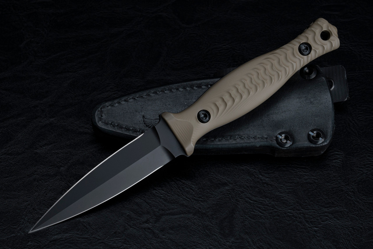 Les George Knives Galvo Dagger CPM-3V Black Cerakote Blade w/ FDE Cerakote Aluminum Morph Handle and Leather Sheath