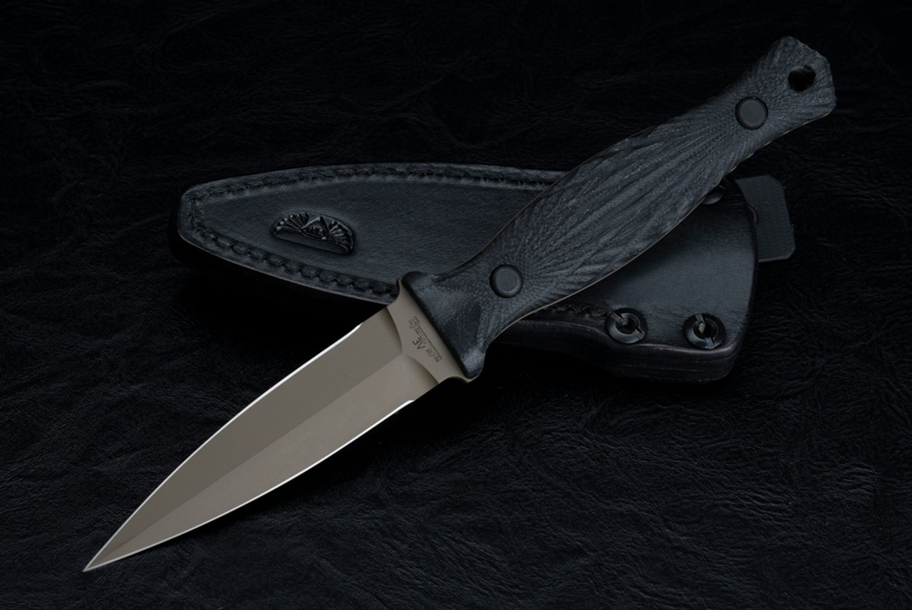 Les George Knives Galvo Dagger CPM-3V Flat Dark Earth Cerakote Blade w/ Black Tephra G-10 Handle and Leather Sheath