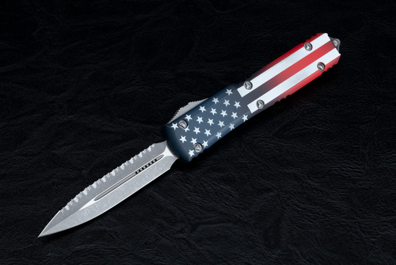 Microtech Knives Ultratech Signature Series Blade Show 2023 D/E OTF Automatic Knife One Side Serrated Apocalyptic Blade w/ USA Flag Handle - 122-12APFLAGS