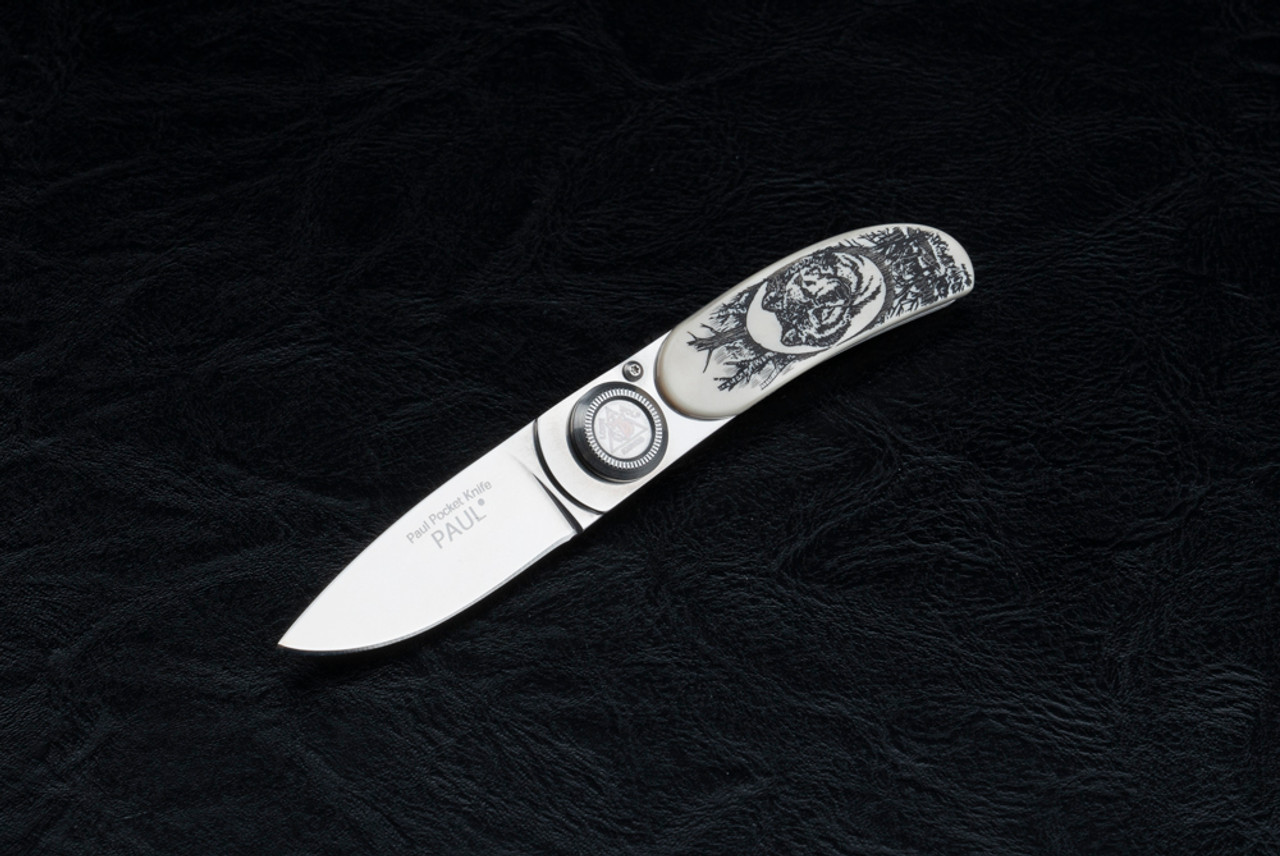 Lone Wolf Knives Paul Pocket Folder Polished Blade w/ Ivory Scrimshaw Wolf Handle and Leather Sleeve - LM7100