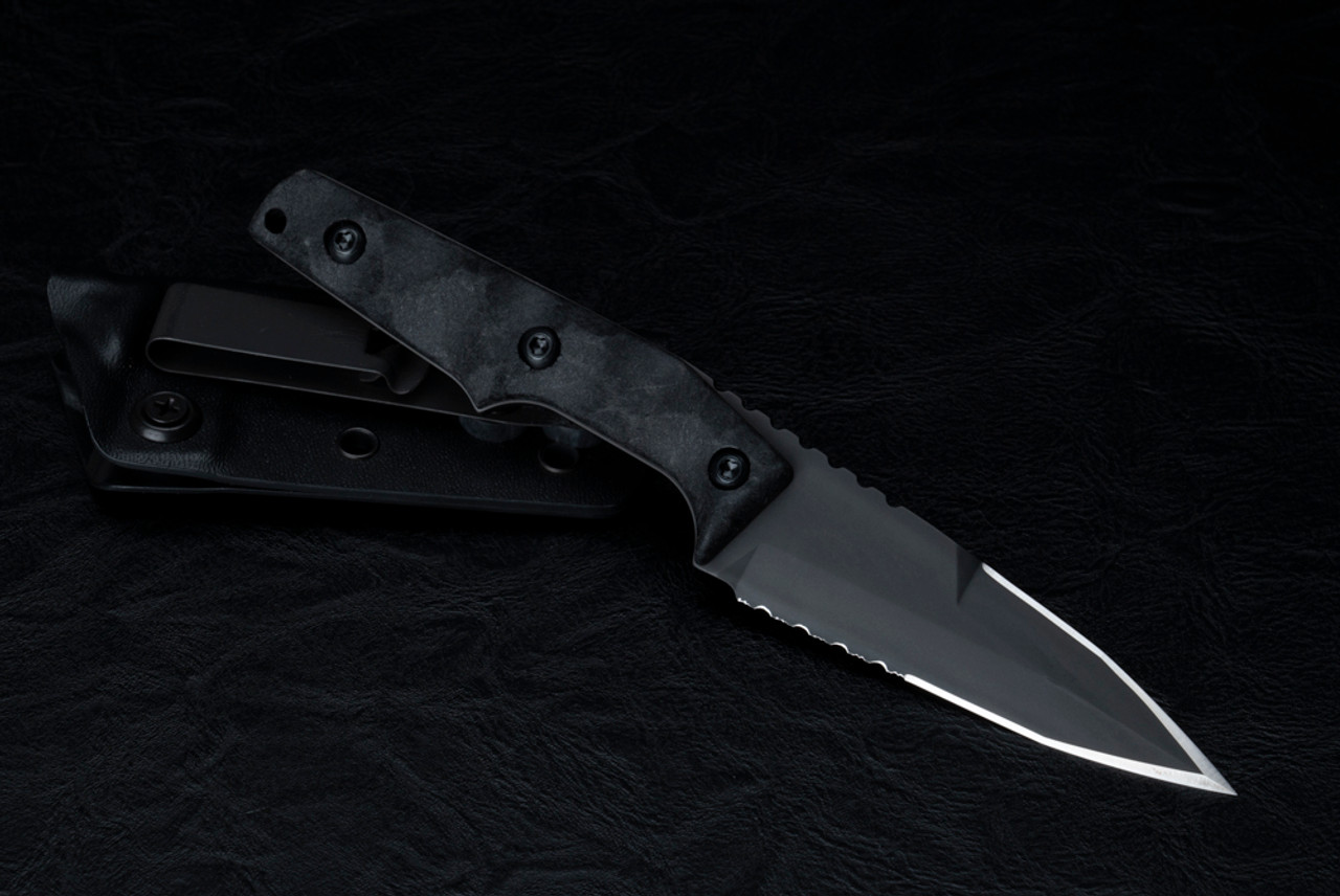 Bawidamann Blades Custom Thick Huginn Top Edge Gotham Graphite Partially Serrated  Blade w/ Sheath and Discreet Carry Concepts Clip - Tactical Elements Inc