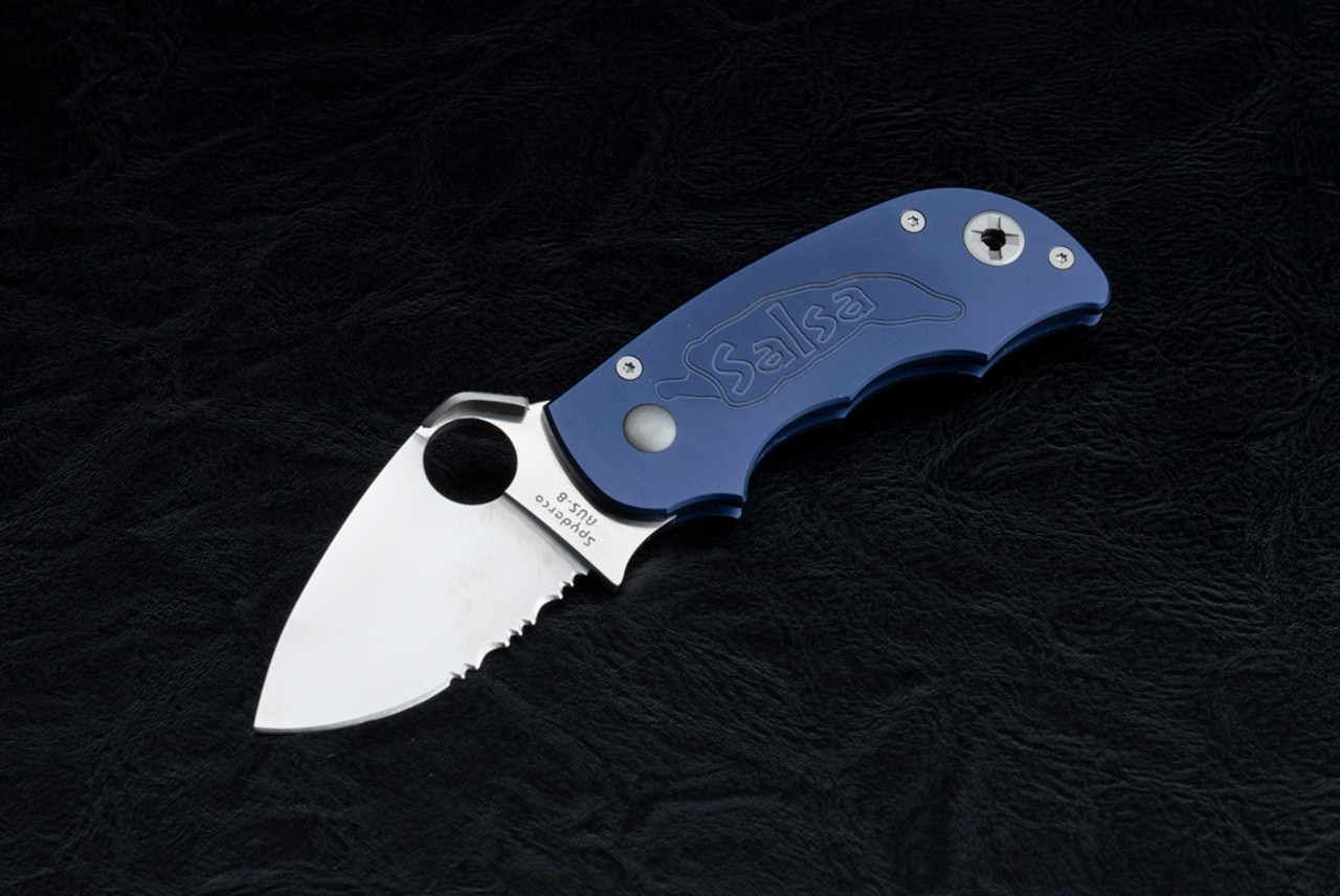 Spyderco Knives Salsa Pocket Knife Tumbled Partially Serrated Blade w/ Blue Aluminum Handles  - C71BLPS