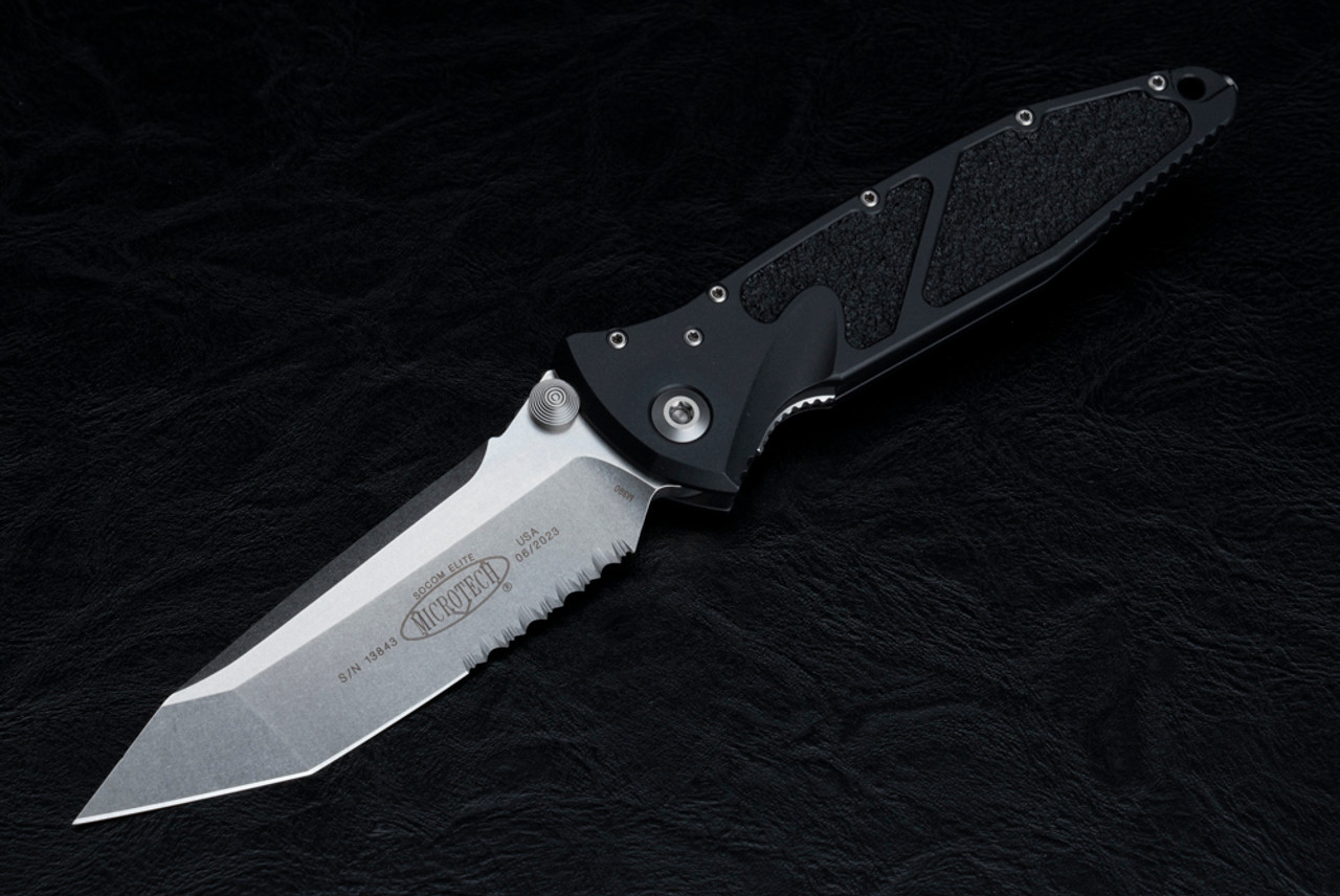 Microtech Knives Socom Elite T/E Manual Knife Partially Serrated Stonewashed Blade w/ Black Handle - 161-11